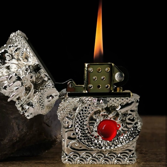 Windproof Dragon Lighter, Reusable Kerosene Grinding Wheel Lighter, New Silver - Picture 6 of 12